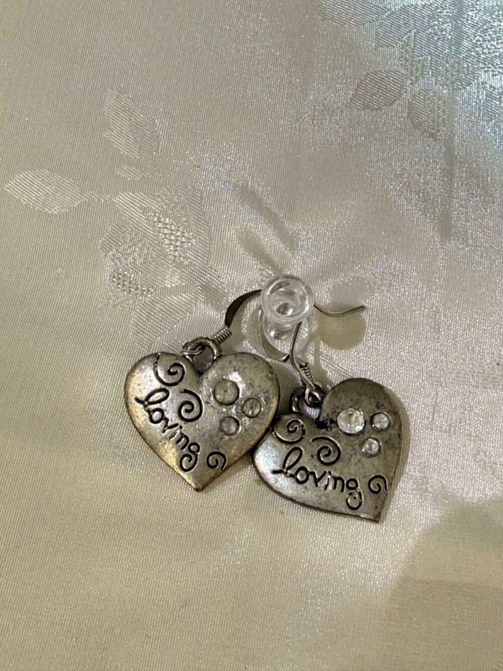 Vintage Heart-Shaped "Loving" Dangle Earrings Rhinestones Silver Tone Finish